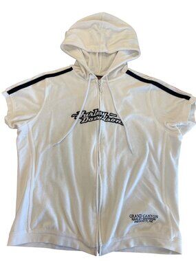Harley Davidson White Short Sleeve Hoodie Full Zip Top Women's Size L Terry Clot